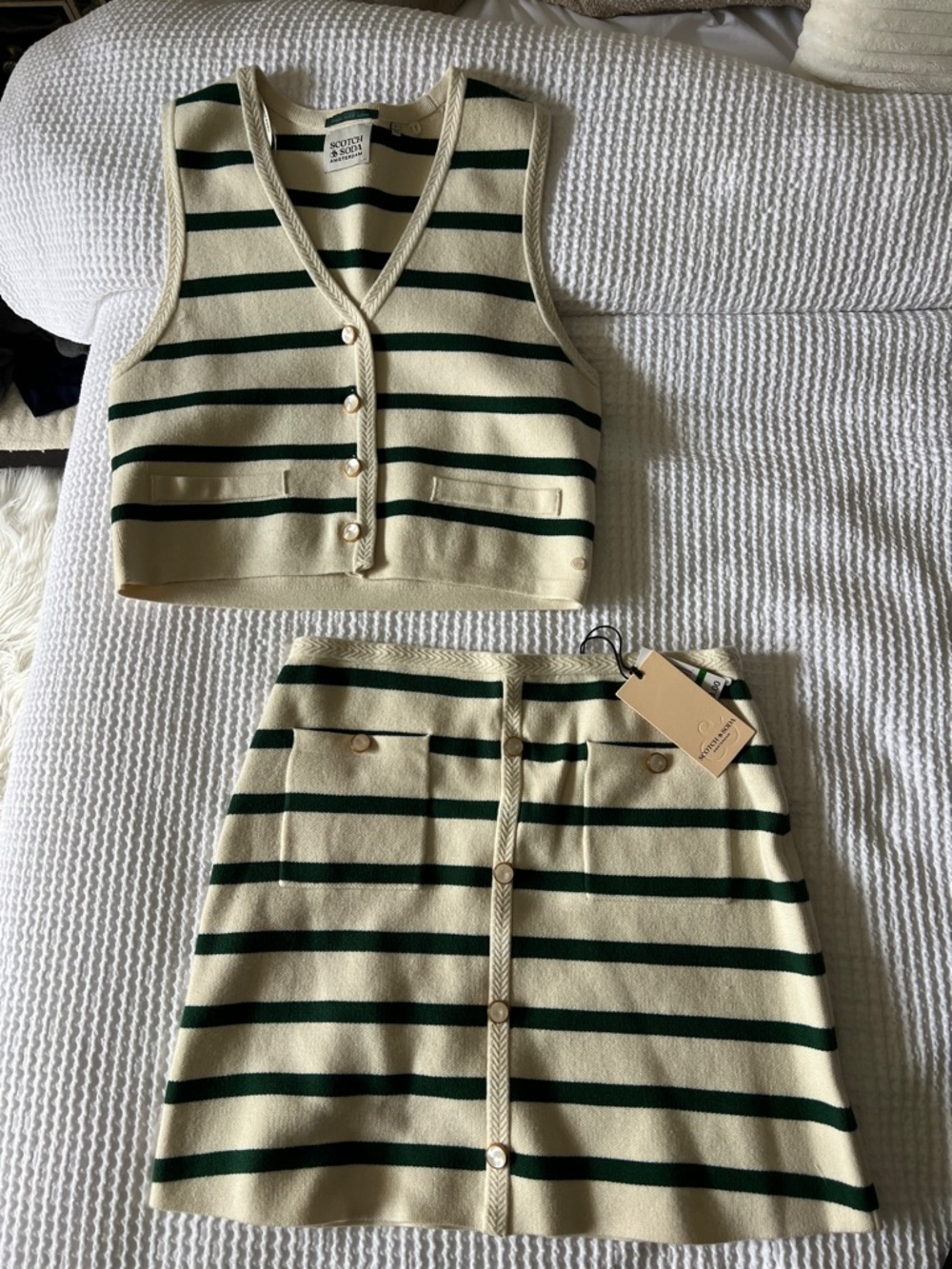 Scotch & Soda Cream and Dark Green Striped Knit Skirt Set